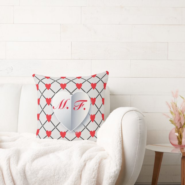 Monogram Enamored Couple Anniversary Heart Pattern Throw Pillow (Couch)