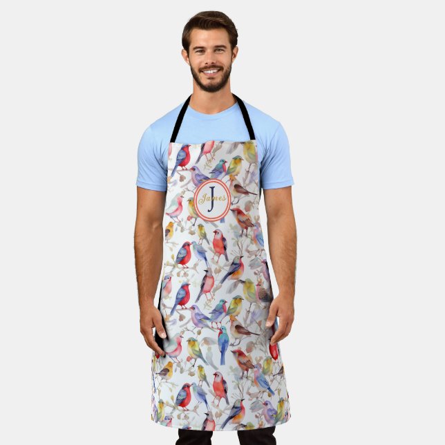 Monogram Enchanting Watercolor Birds Pattern Apron (Worn)
