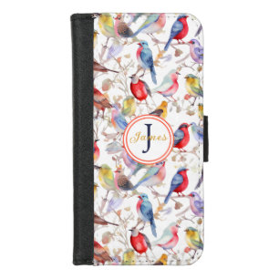Monogram Enchanting Watercolor Birds Pattern iPhone 8/7 Wallet Case
