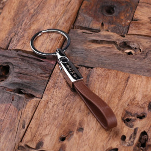Monogram Engraved Steel & Brown Leather Keychain