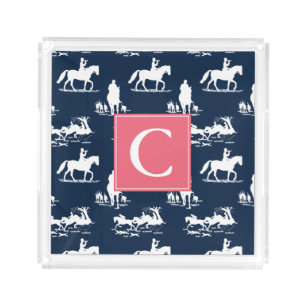 Monogram Equestrian Chinoiserie Navy Blue Arcylic Acrylic Tray