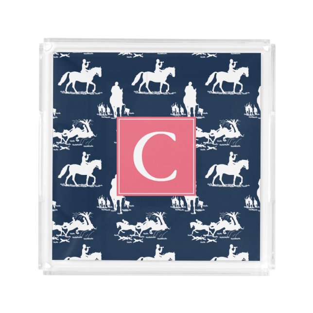 Monogram Equestrian Chinoiserie Navy Blue Arcylic Acrylic Tray (Front)