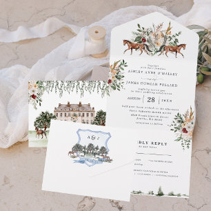 Monogram   Equestrian English Manor Wedding All In One Invitation