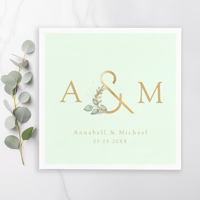 Monogram, Eucalyptus Ampersand, Green & Gold  Napkins (Monogram, Eucalyptus Ampersand, Green & Gold Napk Napkins)