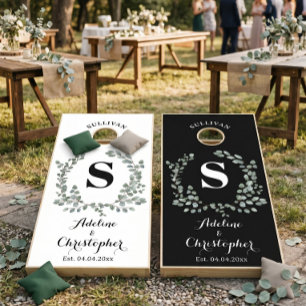Monogram Eucalyptus black and white wedding Cornhole Set