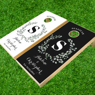 Monogram Eucalyptus black and white wedding Cornhole Set