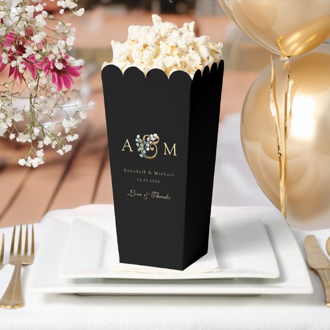 Monogram Eucalyptus Black Wedding  Favor Boxes (Creator Uploaded)