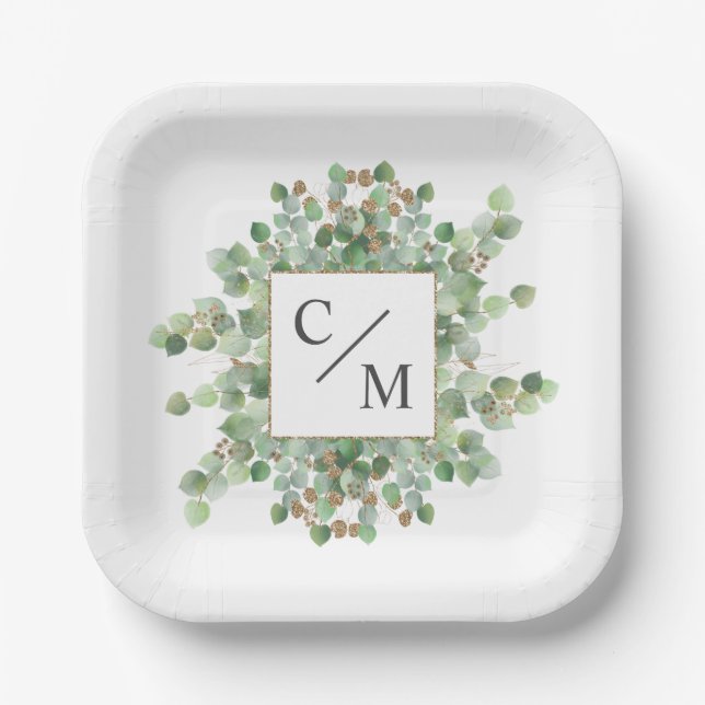 Monogram Eucalyptus  Dozen Brownies Paper Plates (Front)