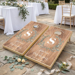 Monogram Eucalyptus elegant natural wood wedding Cornhole Set