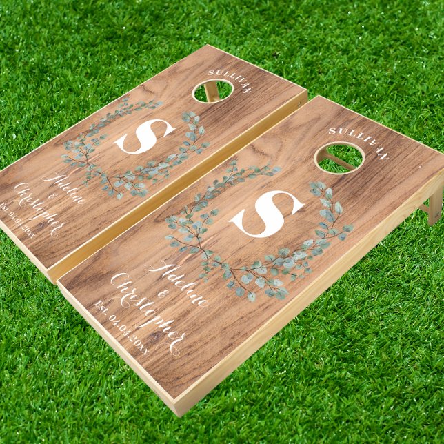 Monogram Eucalyptus elegant natural wood wedding Cornhole Set (Creator Uploaded)