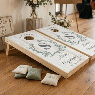 Monogram Eucalyptus elegant white wood wedding Cornhole Set