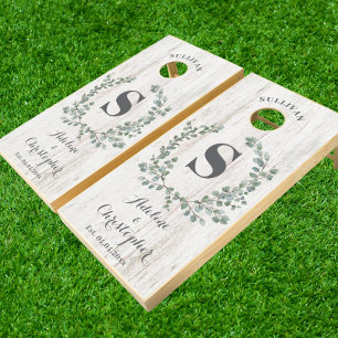 Monogram Eucalyptus elegant white wood wedding Cornhole Set