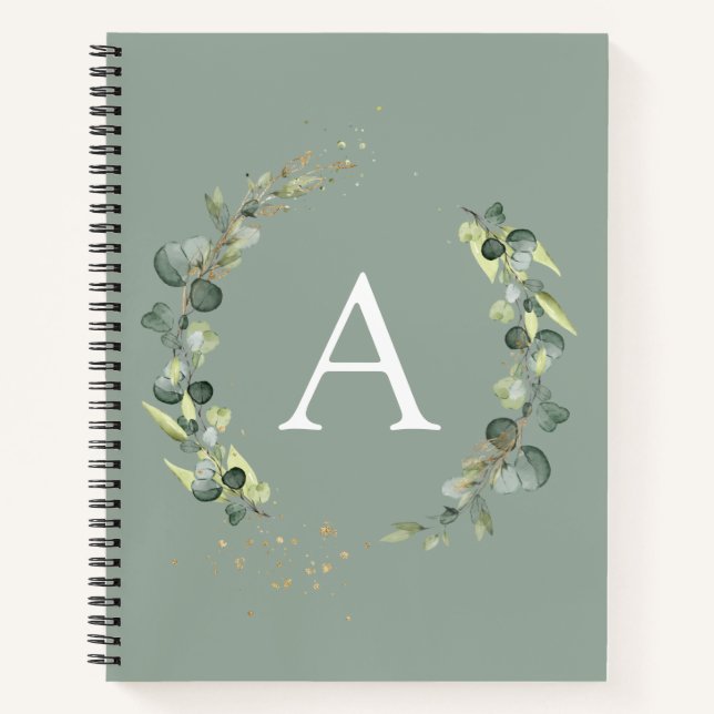 Monogram Eucalyptus Emerald Green Botanical Notebo Notebook (Front)