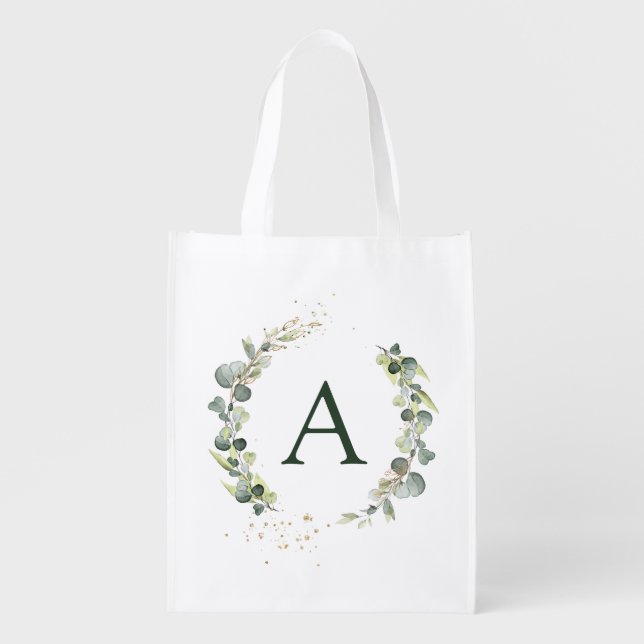 Monogram Eucalyptus Green White Botanical Grocery Bag (Front)