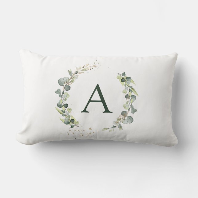 Monogram Eucalyptus Green White Botanical Lumbar Pillow (Front)