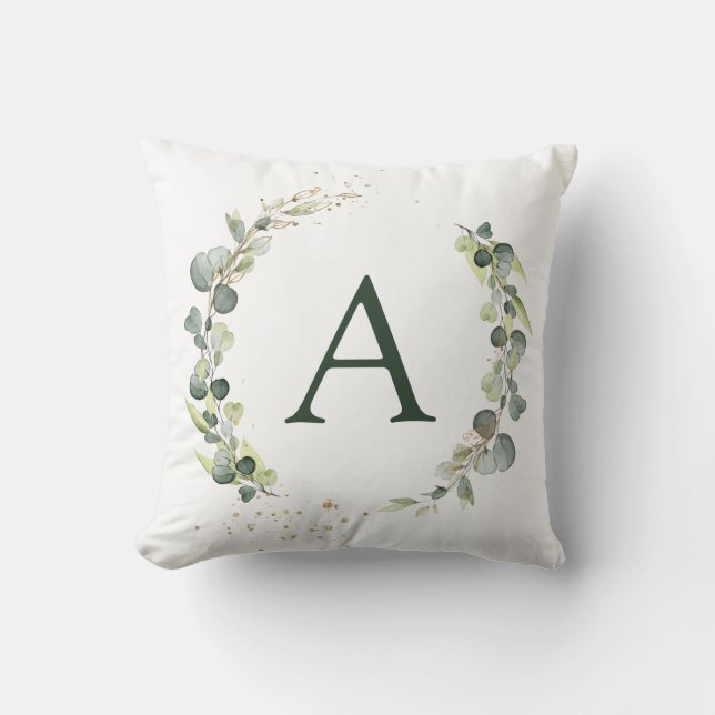 Monogram Eucalyptus Green White Botanical Throw Pillow (Front)