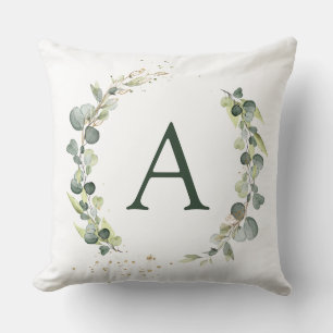 Monogram Eucalyptus Green White Botanical Throw Pillow