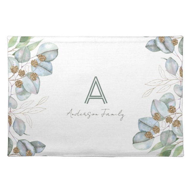 Monogram Eucalyptus Greenery Family Name Cloth Placemat (Front)