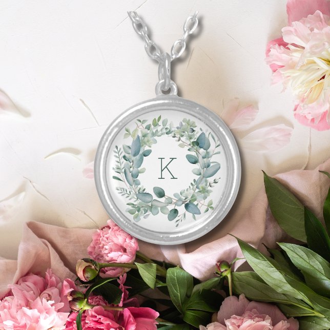 Monogram Eucalyptus Greenery Leaves Gift for Her Silver Plated Necklace (Monogrammed Eucalyptus Greenery Silver Plate or Sterling Silver Necklace. Gift for Bridal Party.)