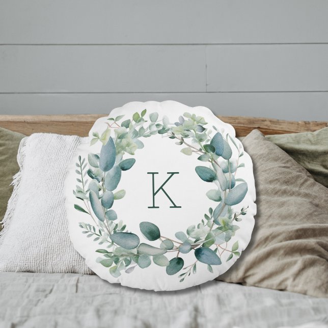 Monogram Eucalyptus Greenery Leaves Wedding Round Pillow (Monogrammed Eucalyptus Greenery Round Bedroom or Sofa Pillow.)