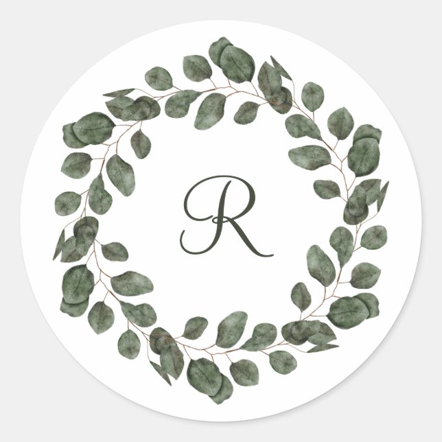 Monogram Eucalyptus Leaves Elegant Modern Classic Round Sticker (Front)