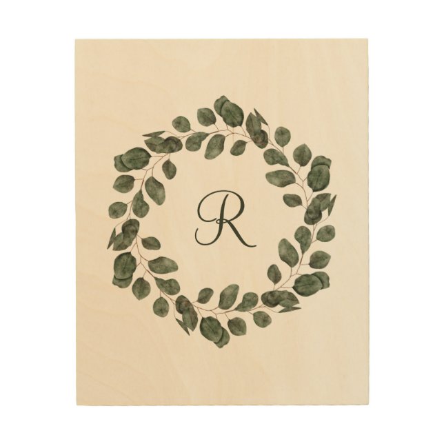 Monogram Eucalyptus Leaves Elegant Modern  Wood Wall Art (Front)