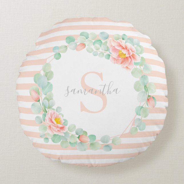 Monogram Eucalyptus Leaves Floral Peach Stripes Round Pillow (Front)