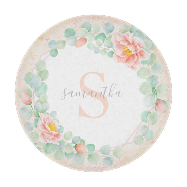 Monogram Eucalyptus Leaves Peony Floral Peach Cutting Board (Front)
