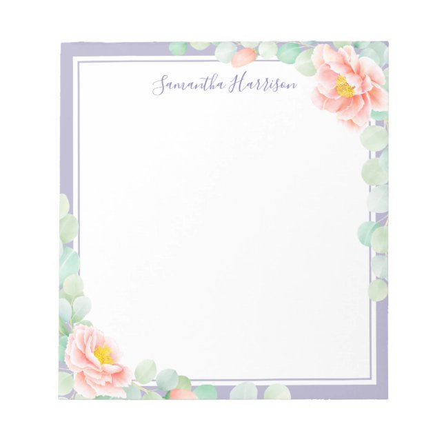 Monogram Eucalyptus Leaves Peony Floral Peach Gray Notepad (Front)