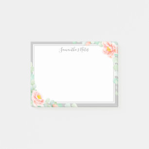 Monogram Eucalyptus Leaves Peony Floral Peach Gray Post-it Notes
