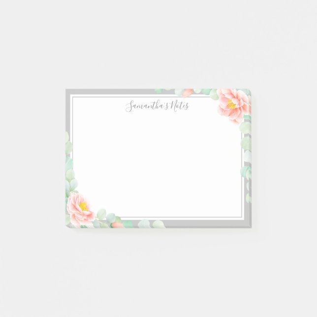 Monogram Eucalyptus Leaves Peony Floral Peach Gray Post-it Notes (Front)