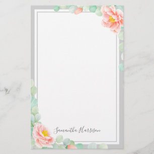 Monogram Eucalyptus Leaves Peony Floral Peach Gray Stationery