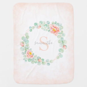 Monogram Eucalyptus Leaves Peony Floral Peach Sage Baby Blanket
