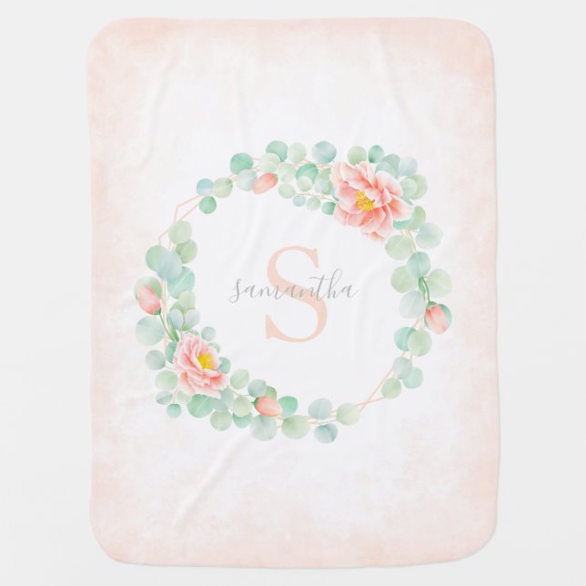 Monogram Eucalyptus Leaves Peony Floral Peach Sage Baby Blanket (Front)