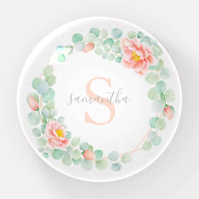 Monogram Eucalyptus Leaves Peony Floral Peach Sage Paperweight (Front)