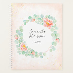 Monogram Eucalyptus Leaves Peony Floral Peach Sage Planner
