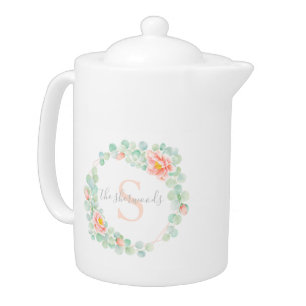 Monogram Eucalyptus Leaves Peony Floral Peach Sage Teapot