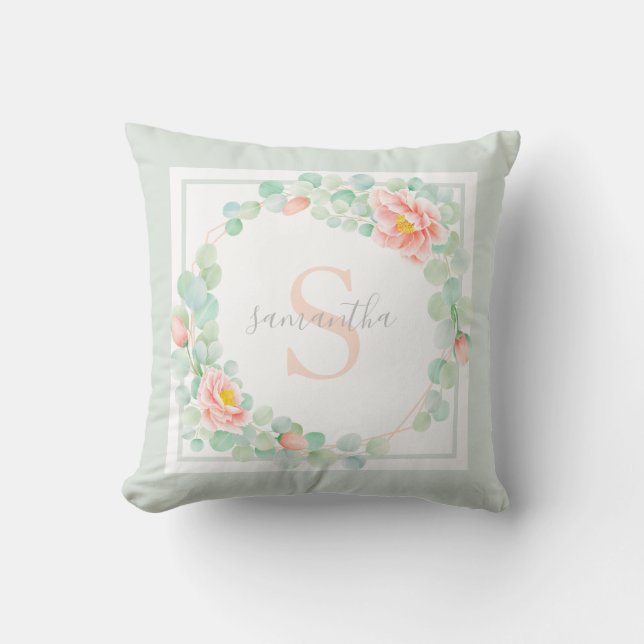Monogram Eucalyptus Leaves Peony Floral Peach Sage Throw Pillow (Front)