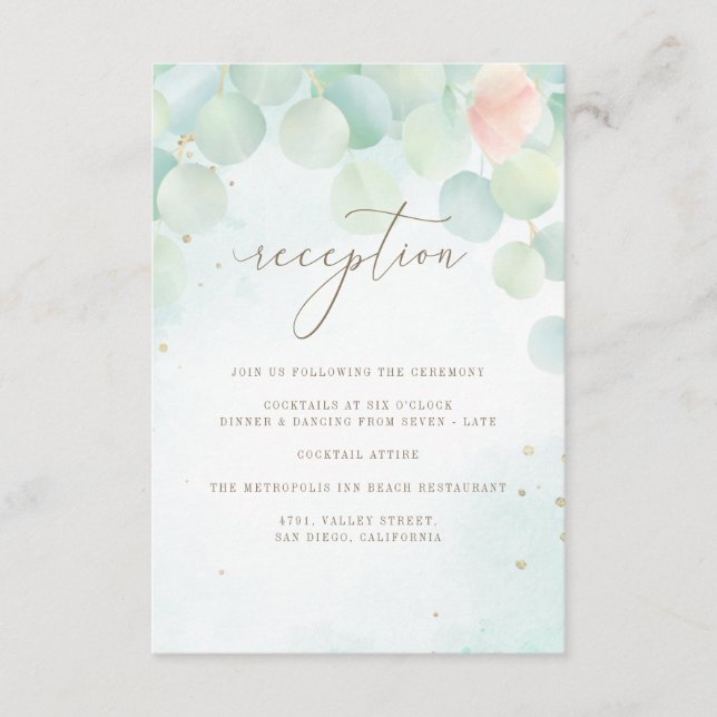 Monogram Eucalyptus Leaves Peony Floral Reception Enclosure Card (Front)