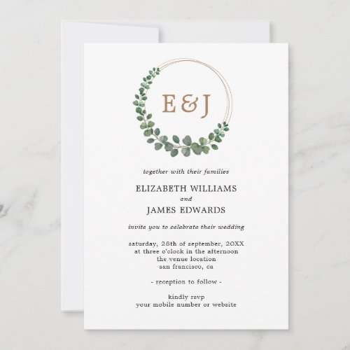 Monogram Eucalyptus Minimalist Wedding All In One Invitation