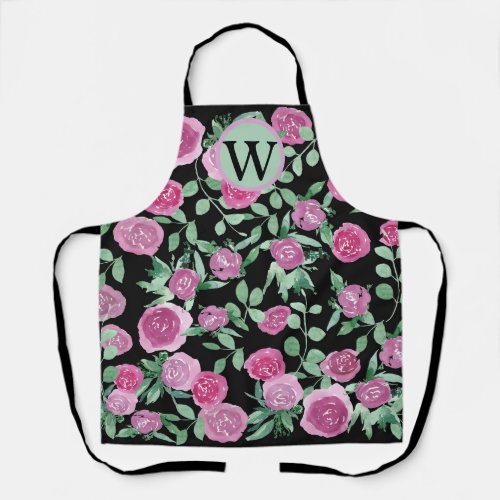 Monogram Eucalyptus Rose Watercolor Design  Apron