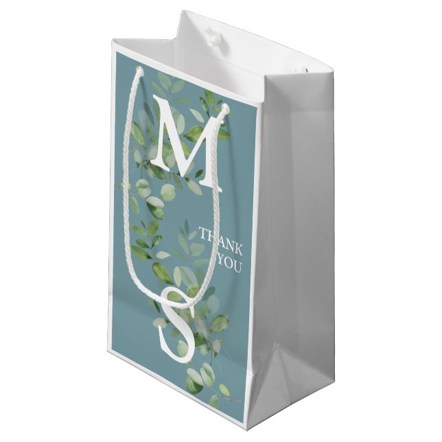 Monogram Eucalyptus Sage Wedding Favor Gift Bag (Front Angled)