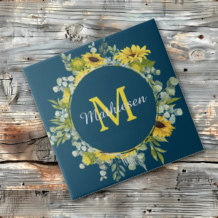 Monogram Eucalyptus Sunflower Blue Ceramic Tile