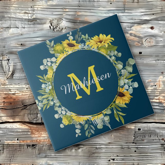 Monogram Eucalyptus Sunflower Blue Ceramic Tile (Creator Uploaded)