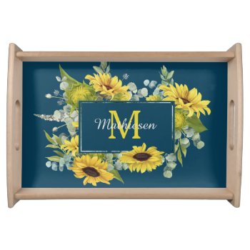 Monogram Eucalyptus Sunflower Frame On Blue Serving Tray by AvenueCentral at Zazzle
