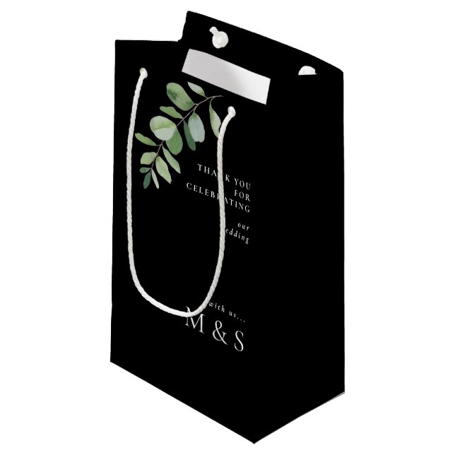 Monogram Eucalyptus Thanks Wedding Black  Small Gift Bag (Front Angled)