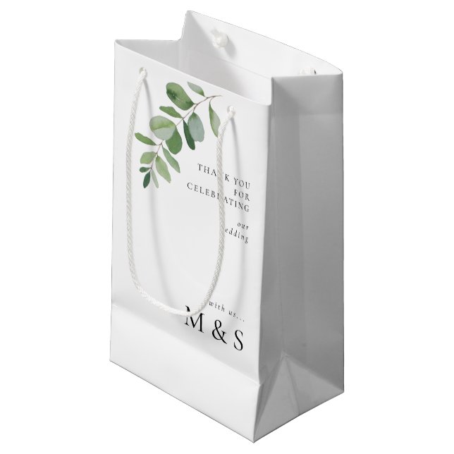 Monogram Eucalyptus Thanks Wedding Favor Gift Bag (Front Angled)