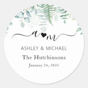 Monogram Eucalyptus Wedding Classic Round Sticker
