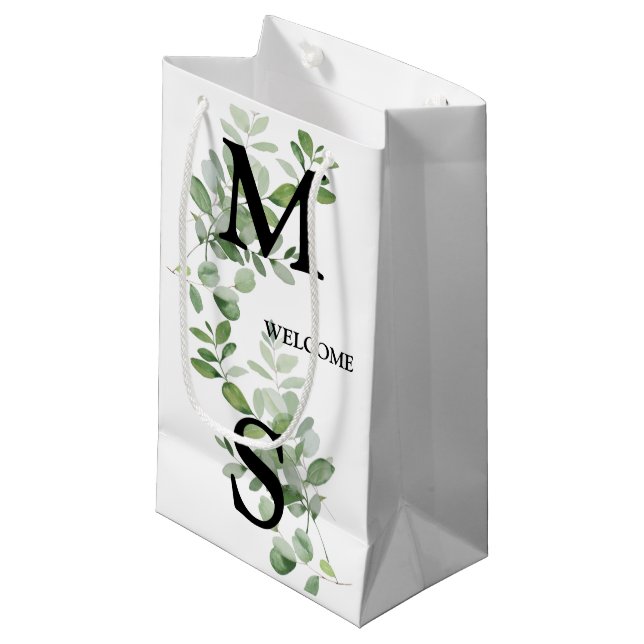 Monogram Eucalyptus Wedding Favor Gift Bag (Front Angled)