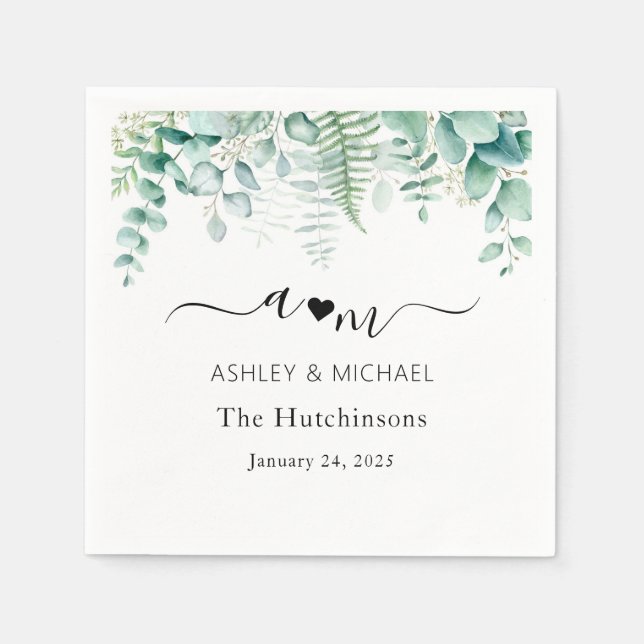Monogram Eucalyptus Wedding Napkins (Front)